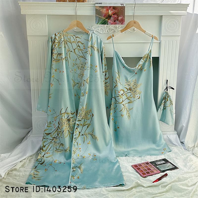 New Female 4PCS Pajamas Set Spring Summer Satin Sleepwear Intimate Lingerie Print Cherry Flower Nightgown Loose Home Clothes XL