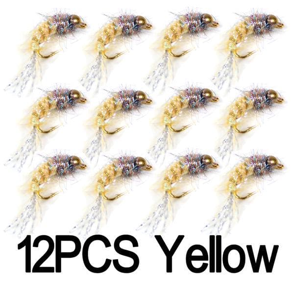 12PCS #12 Bead Head Nymphs Pink Blue Pearl Olive Purple Trout Fishing Nymph Flies #12 yellow