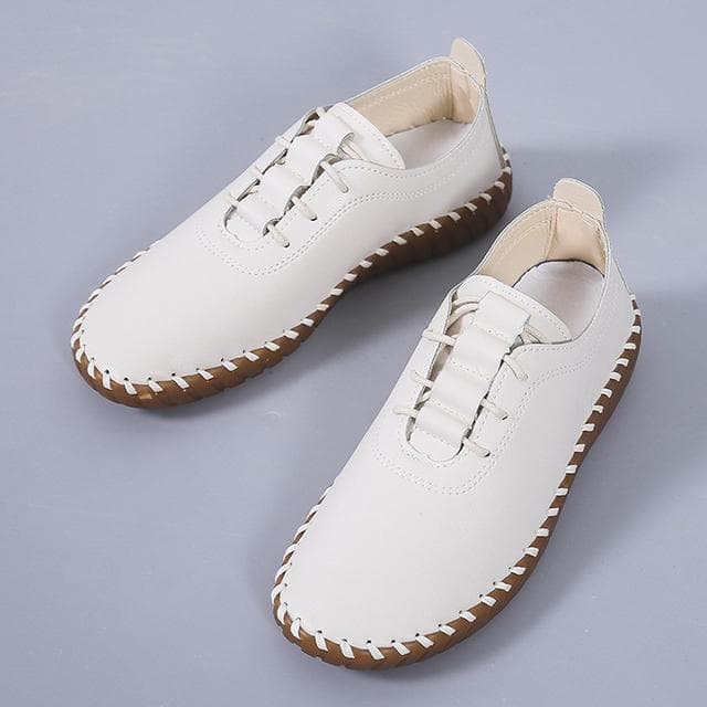 Woman Flats Casual Sew Oxford Shoes Female Lace Up Leather Single Shoes Comfortable Moccasins Loafer Shoes 43 beige