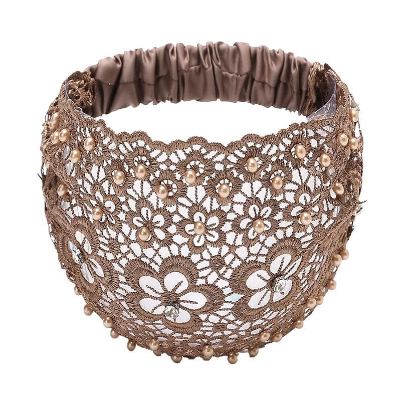Elegant floral lace bead headband - Polyester hollow headband with elastic band - Dress up hair accessory set - Pattern solid co One Size khaki