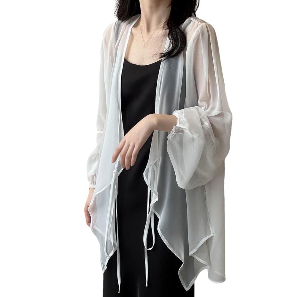 Chiffon Cardigan Stylish Women's Sun with Lace up Detail V neck Design Irregular Hem for Summer L white
