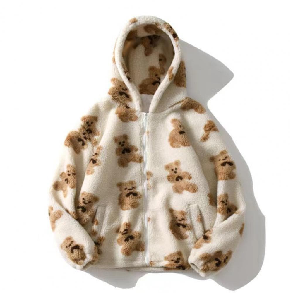 Women Autumn Winter Fleece Hooded Jacket with Drawstring Long Sleeve Pockets Zipper Placket Plush Sweatshirt Coat Heart Bear Pri XL beige