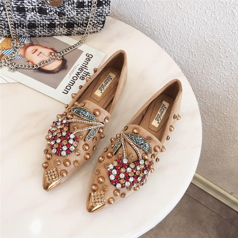 Pointed Toe Women Flat Rhinestones Loafers Autumn Rivets Classic Ladie Flats Shoes Women's Ballet Flats Soft Boat Shoes 41 khaki