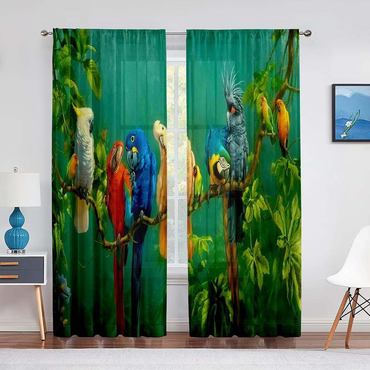Colorful Parrot Standing on Branch Tropical Tulle Curtains for Living Room Home Decor Window Curtain Kitchen Sheer Voile Curtain 1 PCS W100XH250cm&Grommet Top