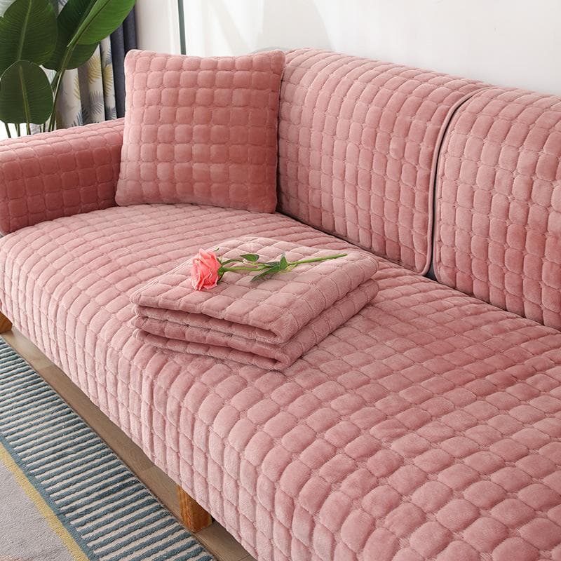 Non-slip flannel sofa cover, thickened soft plush sofa cushion, towel, living room furniture decoration, slipper sofa cover 90x210cm pink