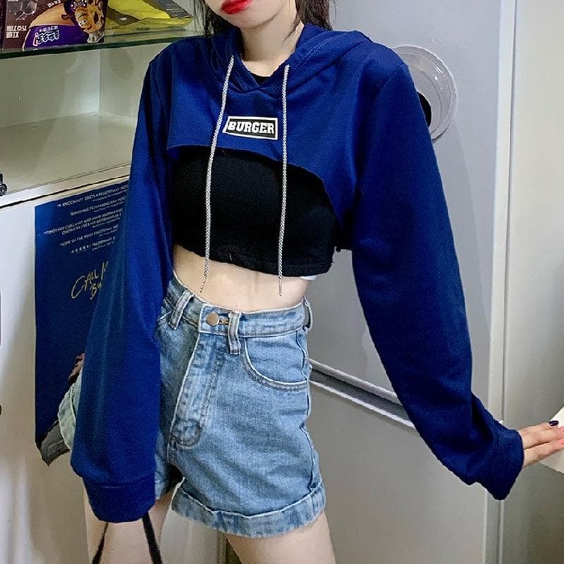 High Waist Shirt Hoodies Women's Hooded Loose Short Cropped Long-sleeved Jazz Blouse Thin Hooded Clothing L blue