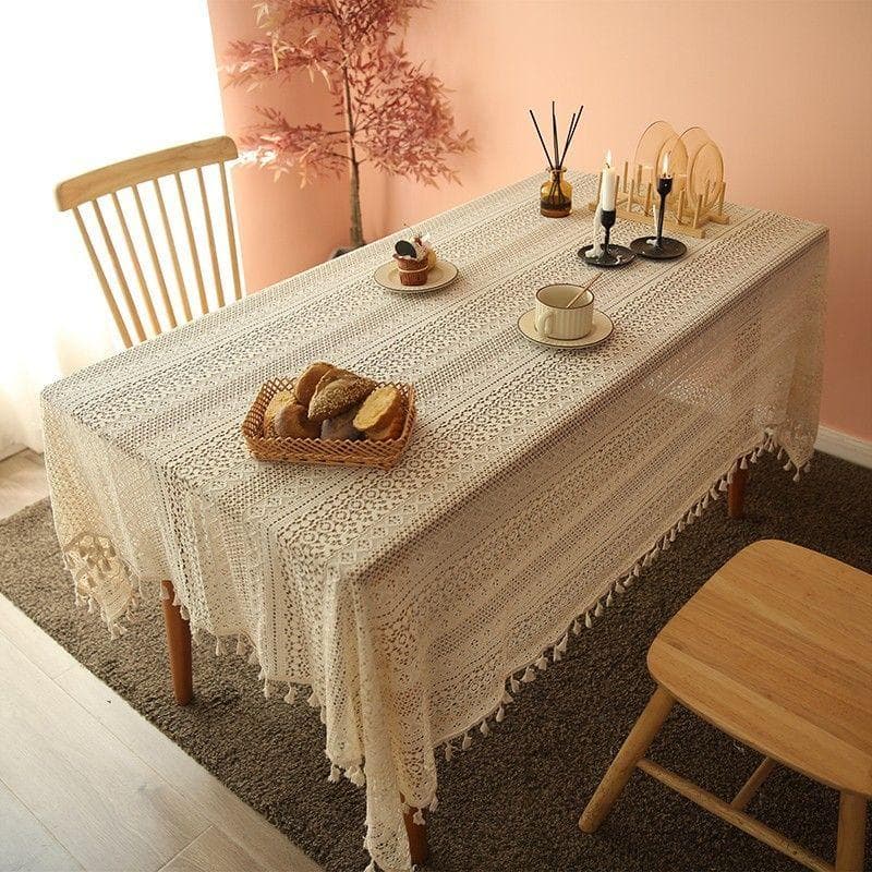 Hollow Out Lace Table Cloth Off White Fringe Edge Crochet Tabletop Cover Homestay Home Furnishings Decorative Tablecloth 100x150cm 1pcs