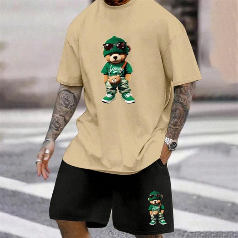 2025 Fun Bear Harajuku T-Shirt Men's Summer Loose Daily Couple Suit Outdoor Street Short Sleeve Shorts Two Piece Men Summer Suit 3XL