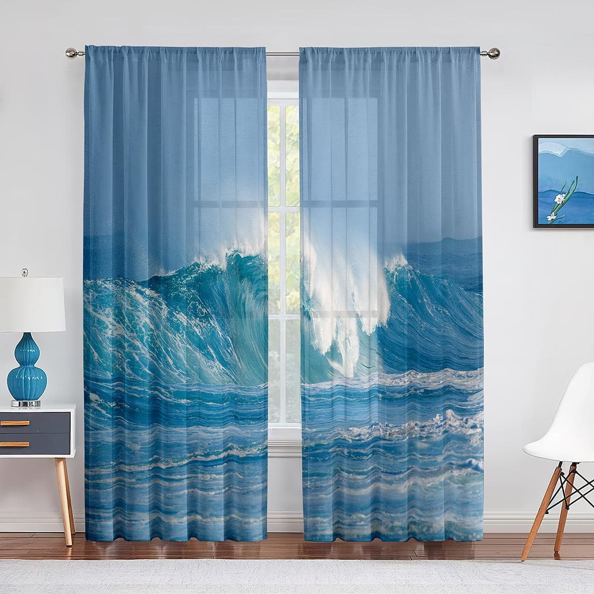 Ocean Seawater Summer Tropical Surfing Waves Sheer Curtains for Living Room Bedroom Decor Window Chiffon Voiles Tulle Curtain 1 PCS W100XH250cm&Grommet Top