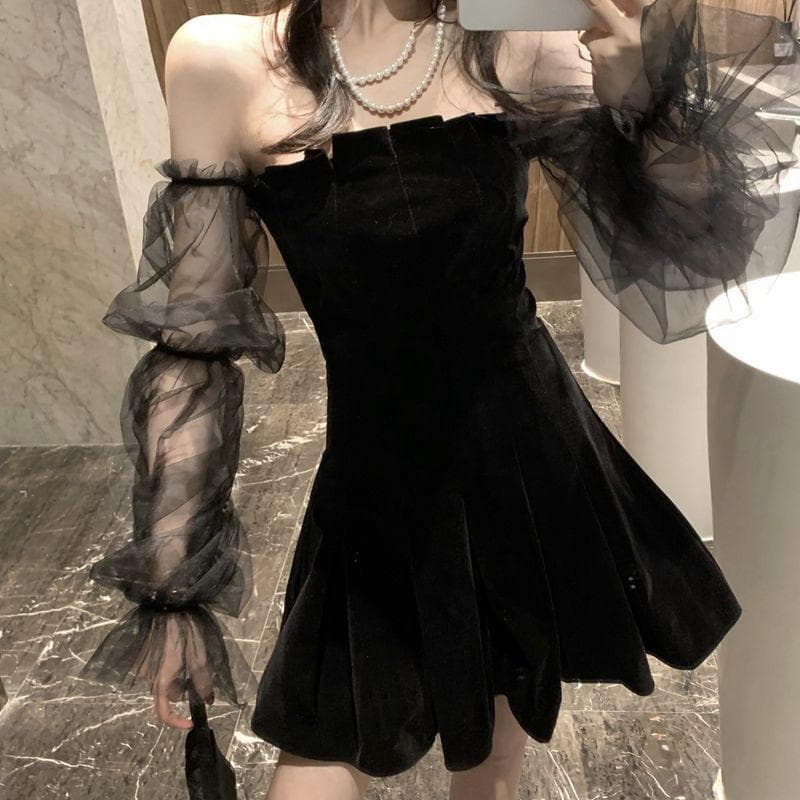 Fashionable and Sexy Autumn and Winter One Line Off Shoulder Mesh with Bubble Sleeves Fairy Dress 2XL black