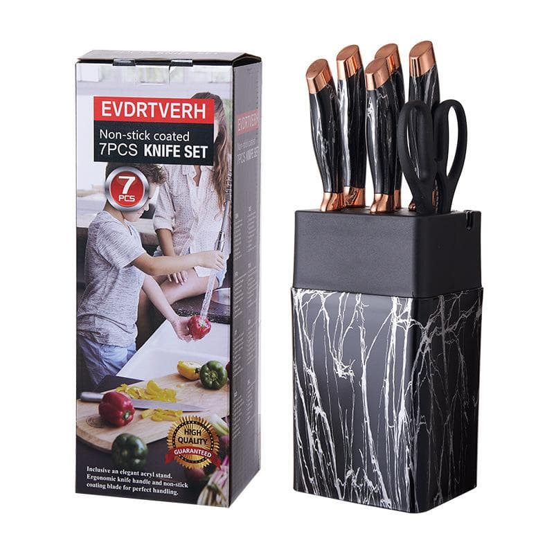 7pcs Kitchen Knife Sets Stainless Steel Chef Knife Bread Knife Marble Textured Handle Sets Tool Holder with Grinding Stone silver
