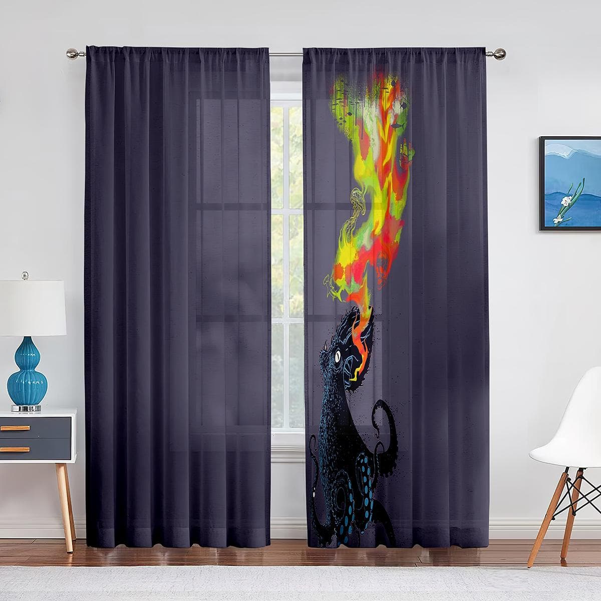 Ocean Kraken Blue Octopus Tentacles Marine Life Tulle Curtains for Living Room Bedroom Sheer Voile Window Curtains Party Drapes 1 PCS W100XH250cm&Grommet Top
