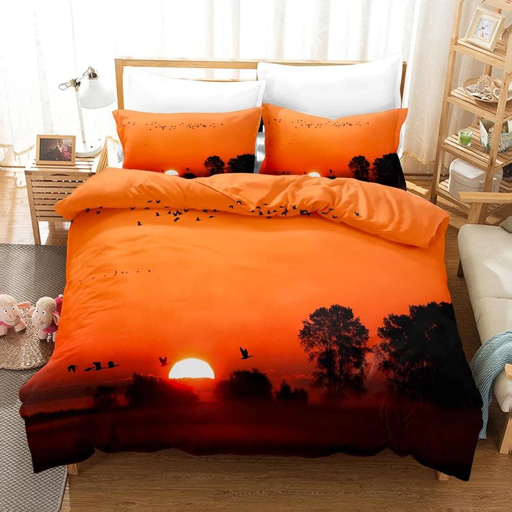 Goldon Sunset Bedding Set Tropical Beach Holiday Duvet Cover Set Girl Bed Cover Set Sunrise Quilt Cover Pillowcase Single Double 155x215cm 3pcs