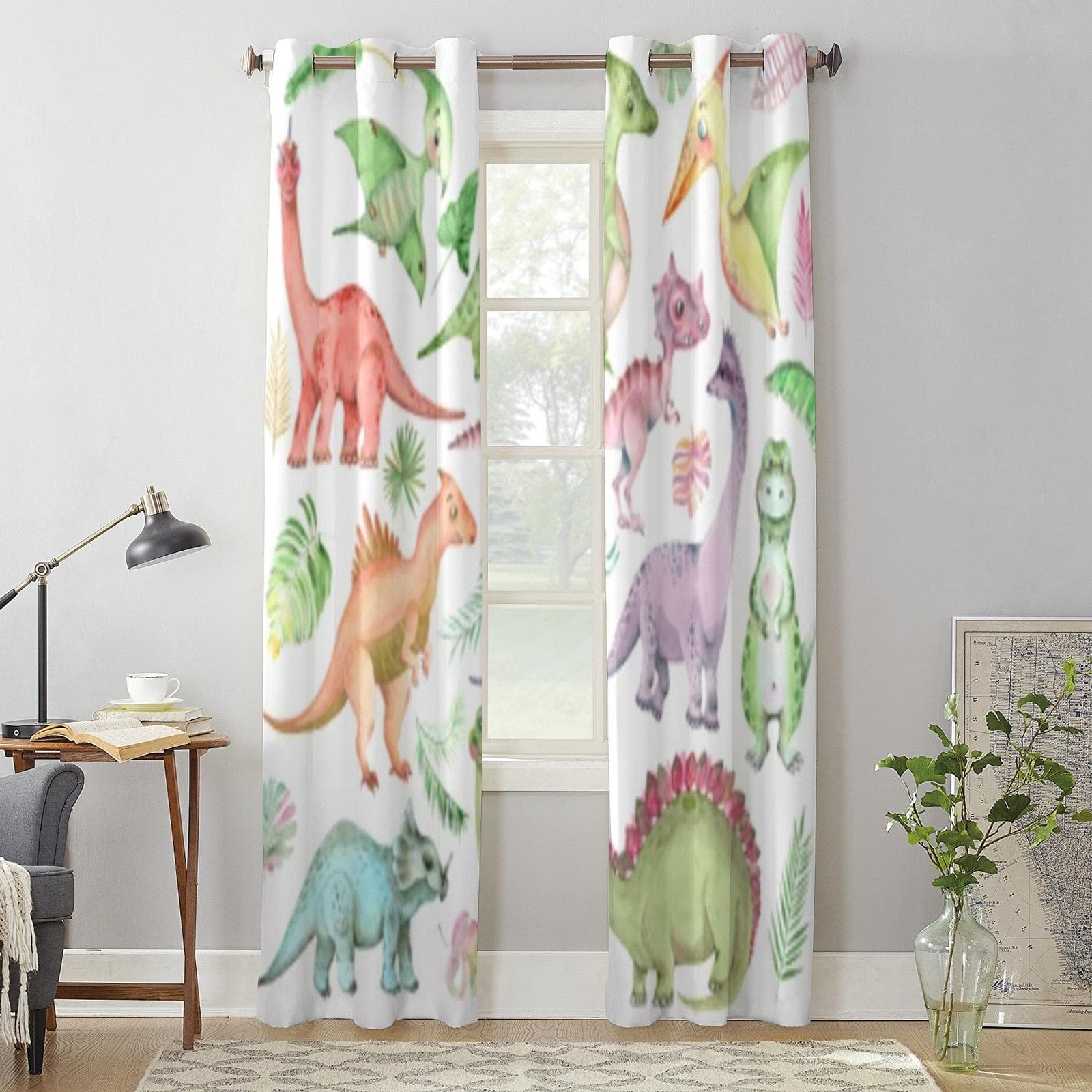 Cartoon Watercolor Dinosaurs Window Curtain For Kids Room Home Blinds Curtains For Living Room Bedroom Window Drapes 135W x 60H(cm) x1