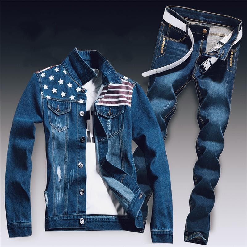 Spring Mens Denim Two Piece Set Hole Ripped Slim Fit Jacket Jeans Sets Male Casual Vintage Ropa Hombre Cargo Suit Streetwear M