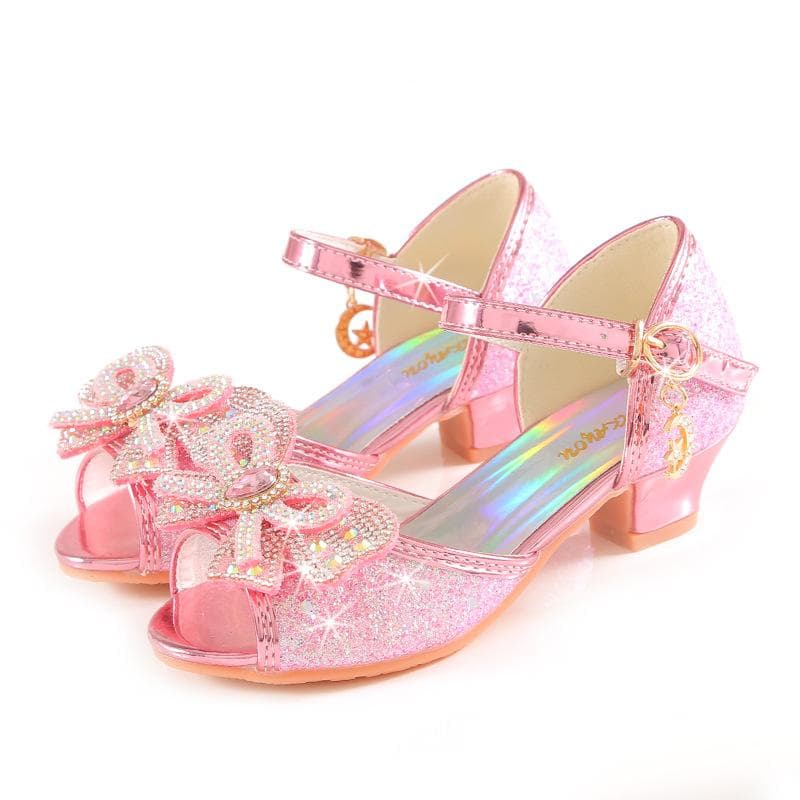 Summer Girls Sandals With Heel Fashion Rhinestone Shiny Glitter Shoes Children Princess Bowtie Pearl Dancing Shoes 34 pink