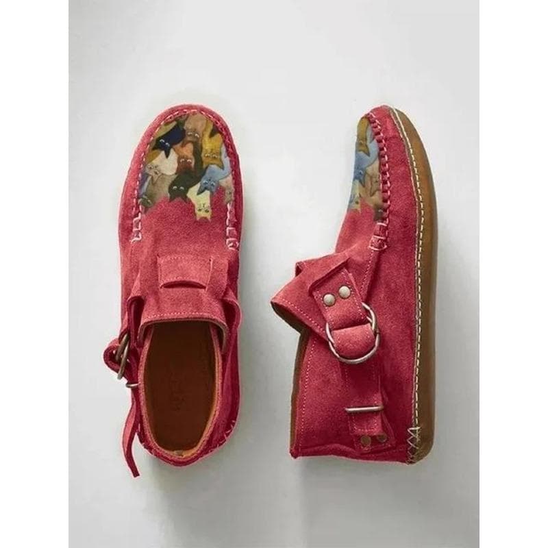Boots Plover Female Comfort Cartoon Cat Printed Leather Button Casual Flat Ankle - 6 Purple 38 red