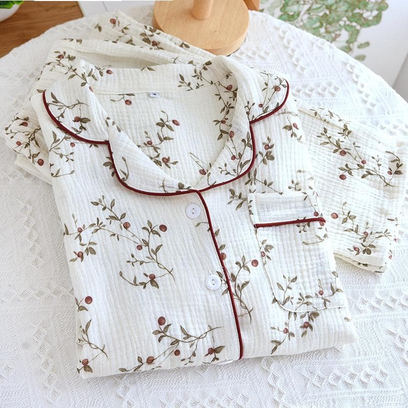 New Spring and Autumn Women's Pajamas Set 100% Cotton Crepe Long Sleeves Long Pants Cardigan Cute 2XL white