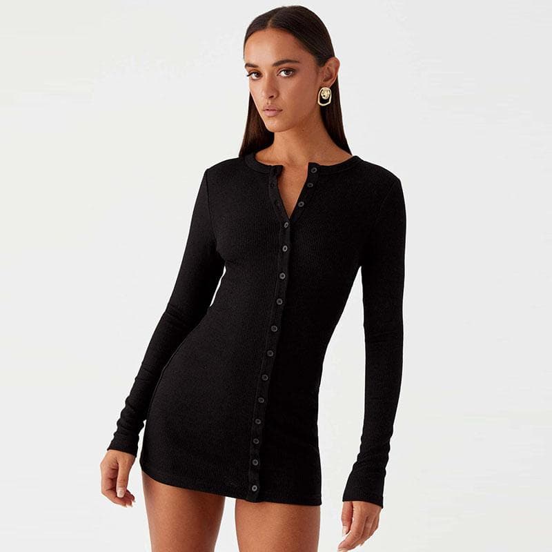 Knitted Single Breasted O-neck Mini Dress Women Versatile Sexy Solid Slim Fit Full Sleeve Short Dresses Autumn Party Clothing XL black