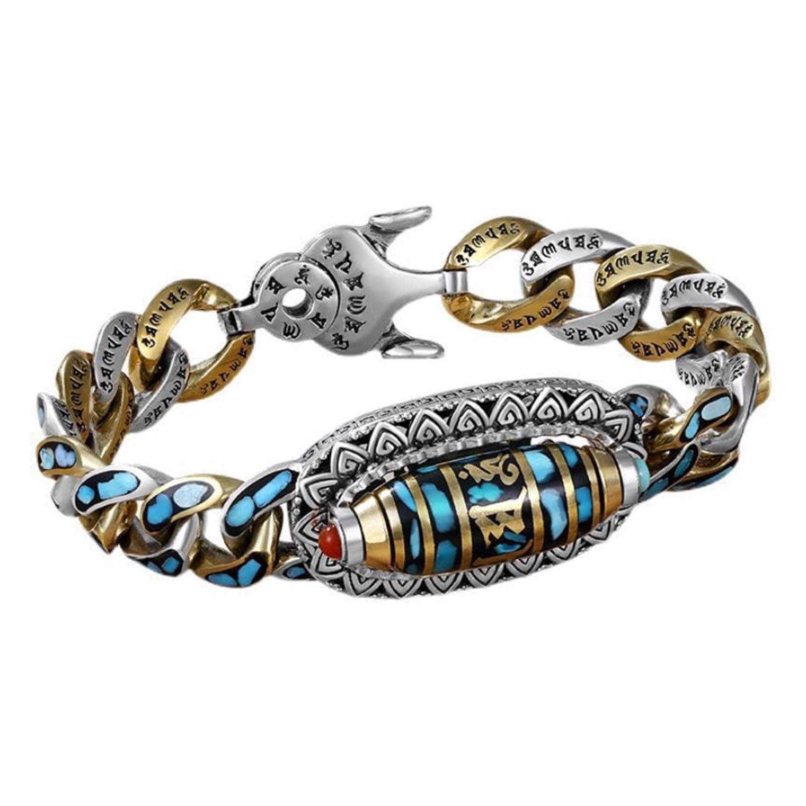 Faux Turquoise Six-character Mantra Nine-eyed Dzi Bead Bracelet Spiritual Enlightenment Meditation Luck Amulet Bracelet for Men Women 18cm