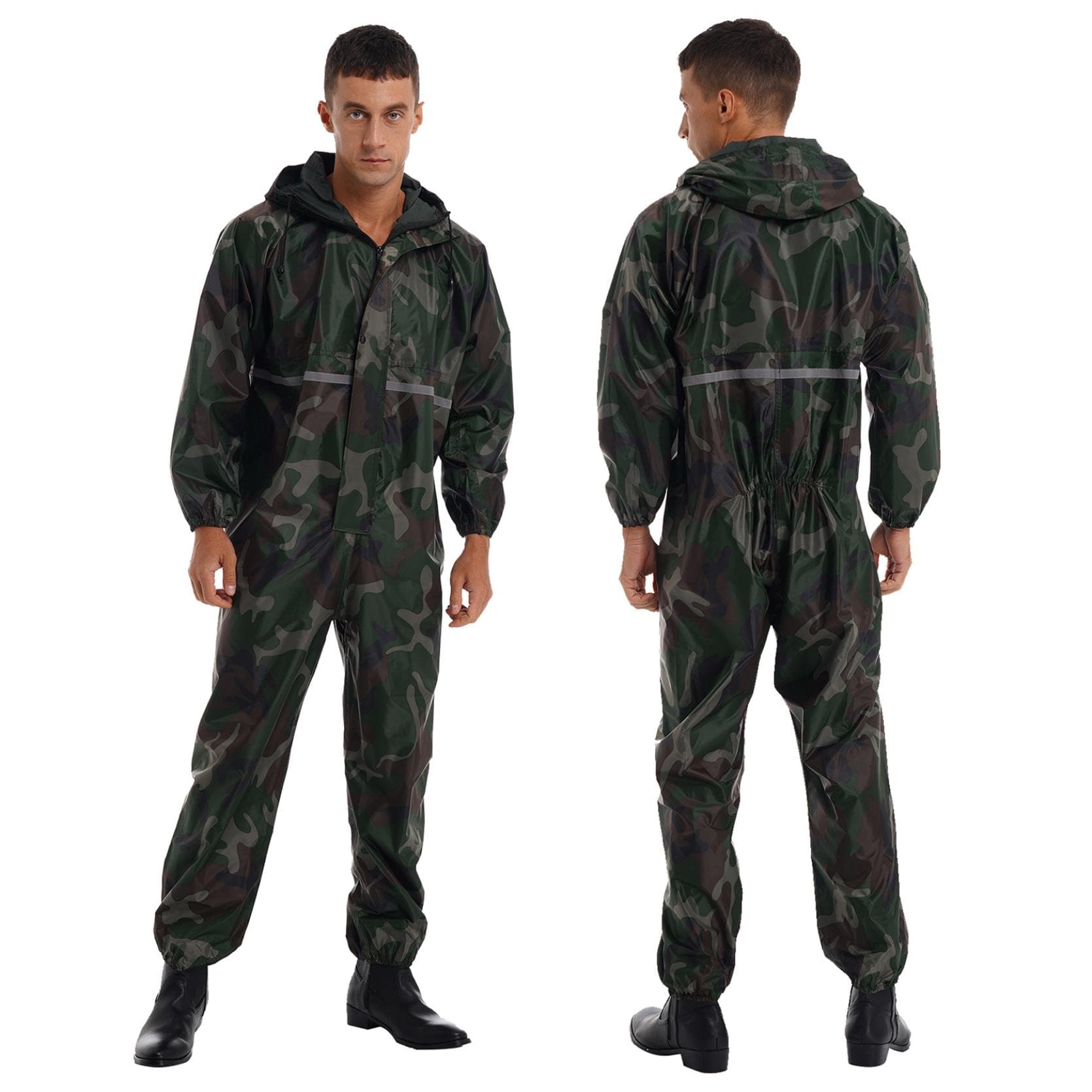 Mens Waterproof Jumpsuit Reflective Strip Rainsuit Long Sleeve Hooded Raincoat Zipper Coveralls 3XL camouflage