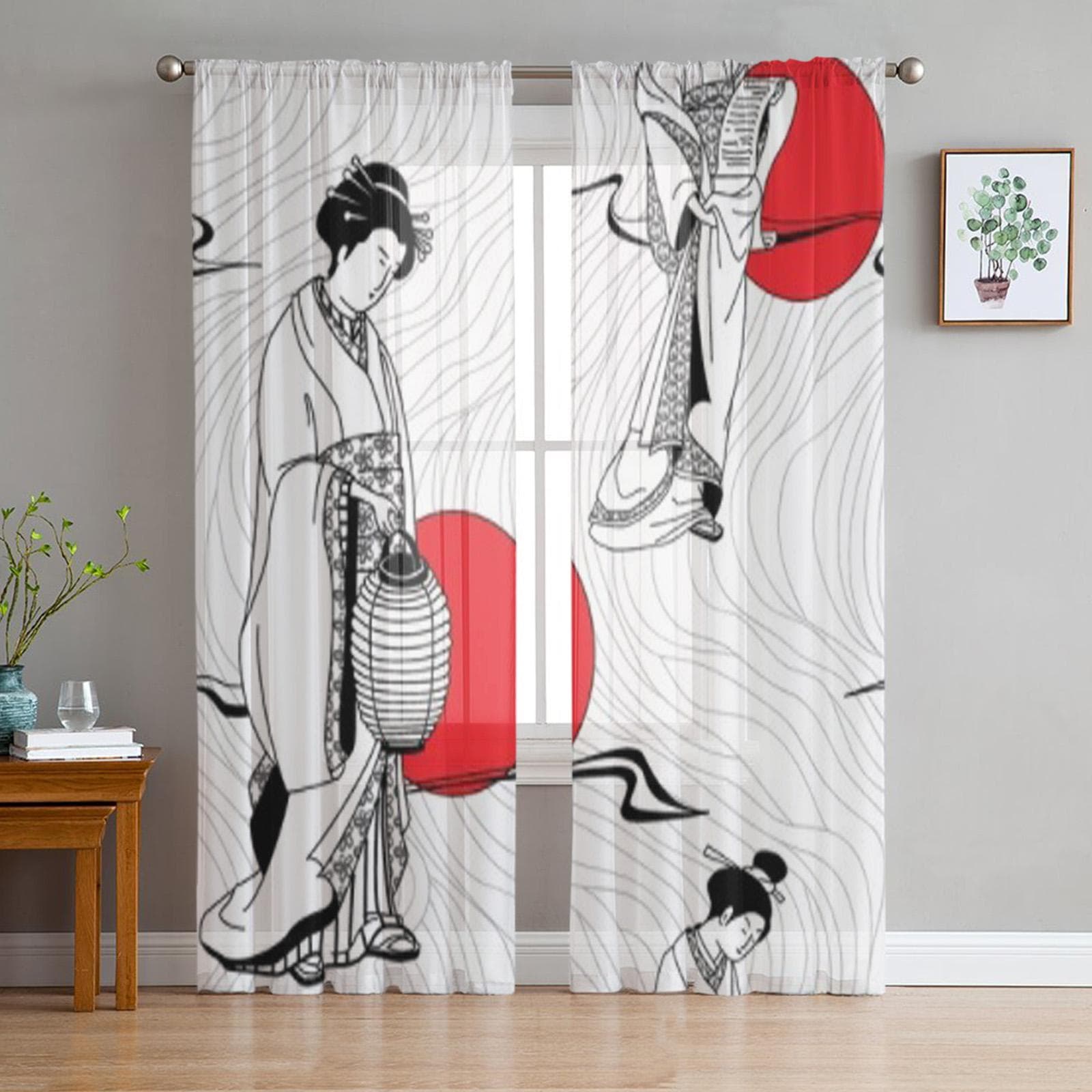 Japanese Geisha Girl Seamless Pattern Bay Window Screening Curtains Voile Organza Drape Sheer Tulle for Living Room Bedroom 135W x 114H(cm)