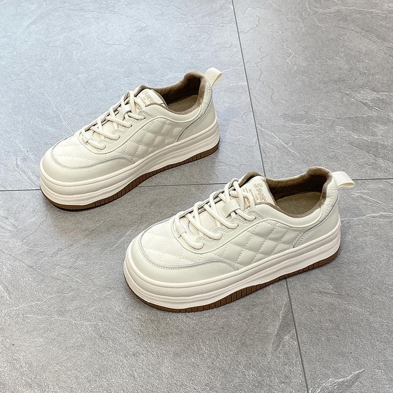 Leather White Shoes Women's Winter New Thick-soled Rhombus Plus Velvet Casual All-match Breadboard Shoes 39