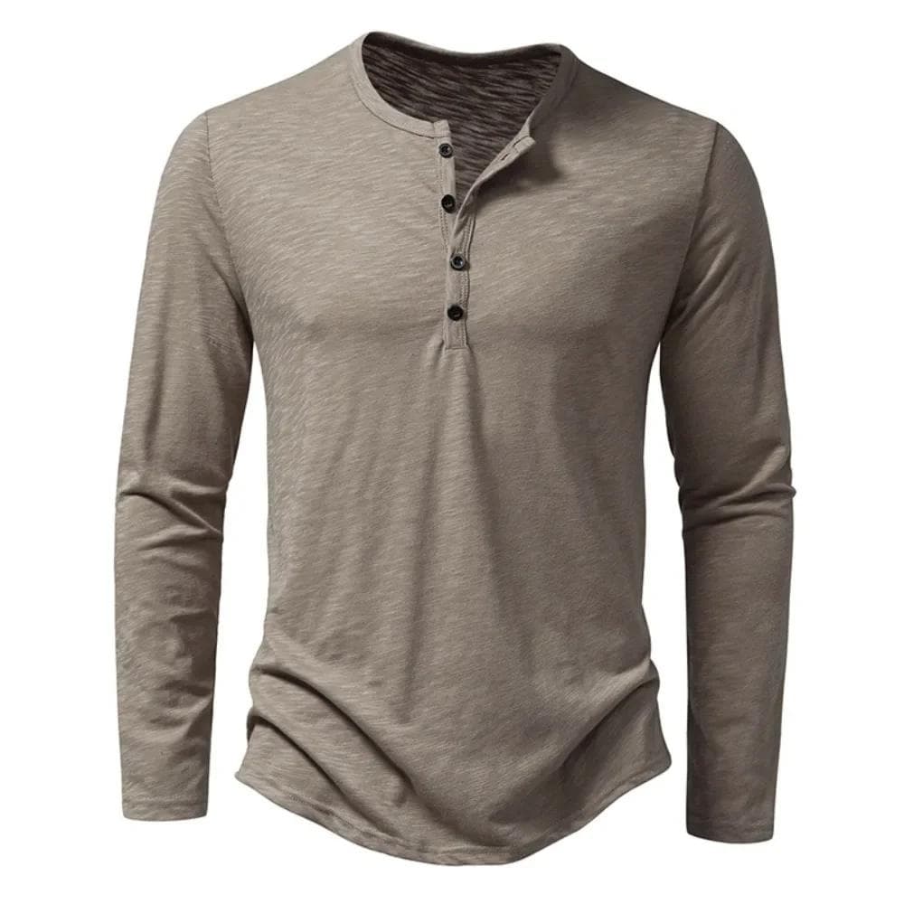 Men's Cotton Button T-Shirt Henley neck Shirt Long Sleeve Casual Solid color T-Shirts XXL khaki