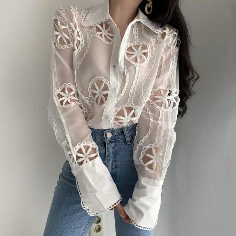 Spring Lace White Blouse Women Hollow Out Flower Embroidery Shirt Sexy See Through Turn Down Collar Long Sleeve Top 13369 XL white