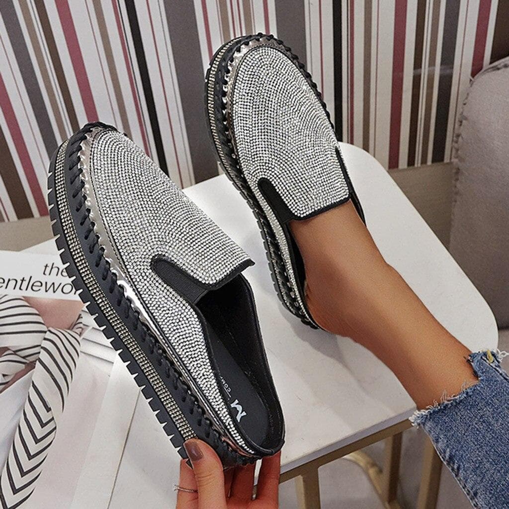 Women Crystal Espadrilles Rhinestone Casual Breathable Platform Shoes Ladies Flat Loafers 39 black