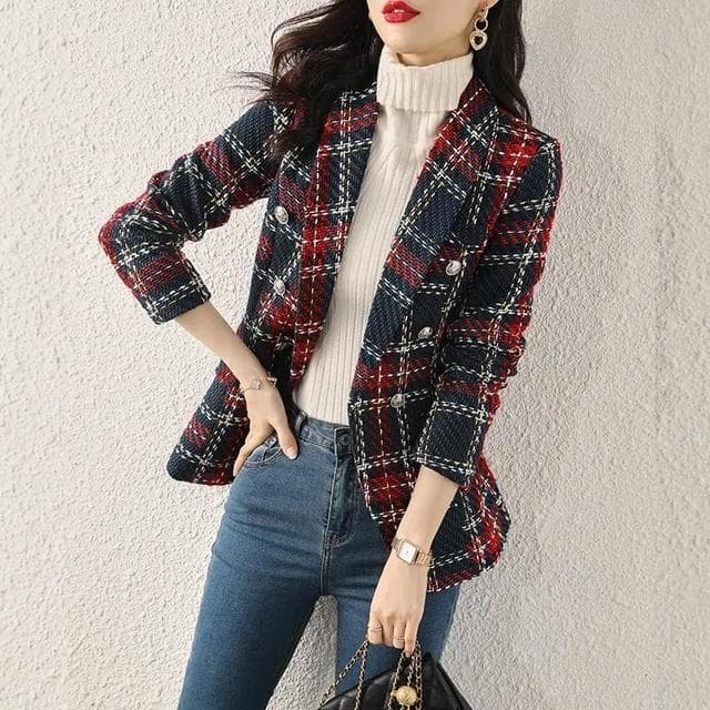 High-End Tweed Blazer Small Fragrance Women Vintage Plaid Short Suit Jacket Fashion Slim V-Neck Double Breasted Blazers Female XL