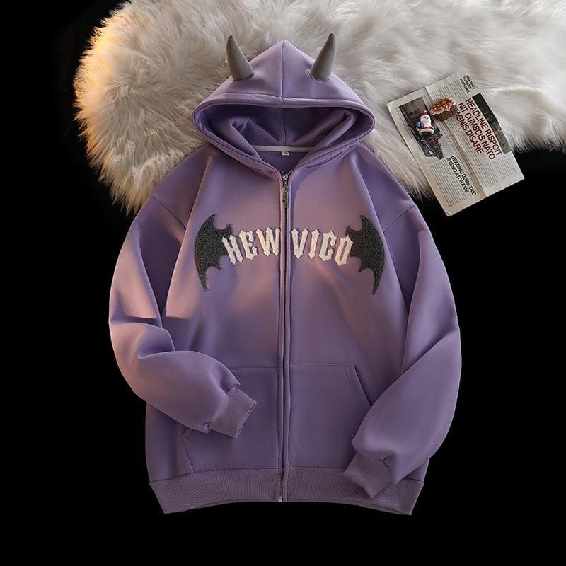 Women Retro Devil Horns Hoodie Y2K Oversize Zip Letter Embroidery Sweatshirts Harajuk High Street Long Sleeve Hooded Jacket Tops XXL purple
