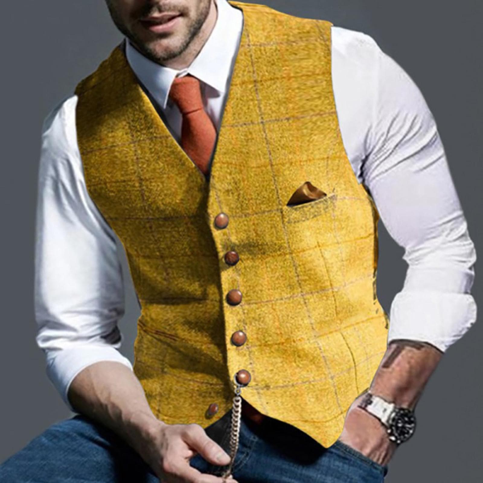 Men's Casual Plaid Vest Men's Slim Vest Men's Jacket Vintage Wool Herringbone Retro Satin XXL yellow