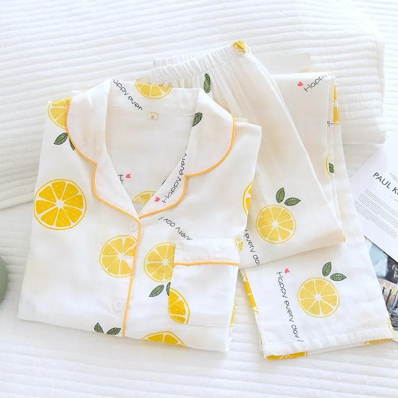Spring/Summer new ladies pajamas two-piece 100% cotton gauze long-sleeved trousers lapel cardigan thin style home service M white
