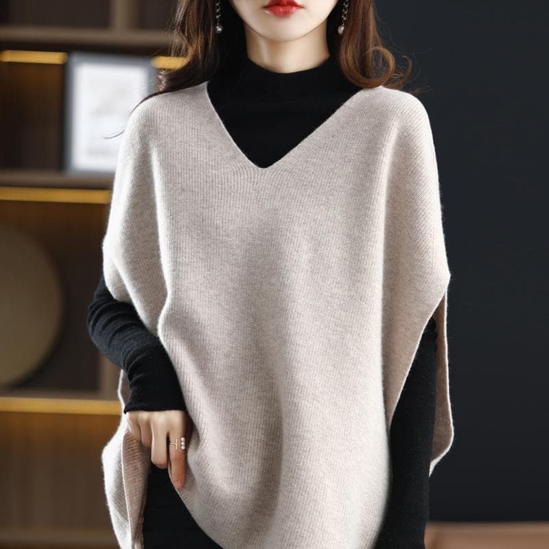 Autumn Winter Women's Knitted Vest V-neck Bat Sleeves Loose Sleeveless Sweater Knitted Vest XXL apricot