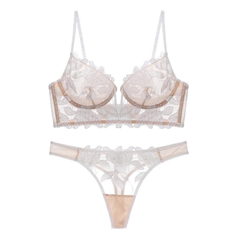 Sexy French Lace Embroidery Brassiere Lingerie Set Women's Underwear Set Push Up thin Bralette Deep V Bra and Panty Set L white