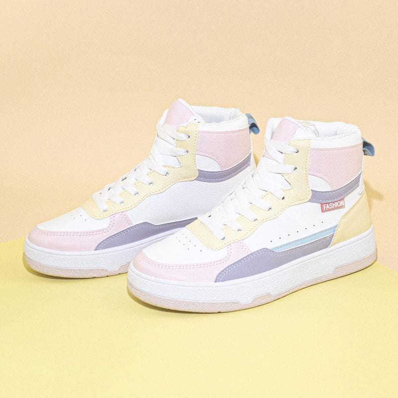 Women Platform Sneakers Fashion Mixed Color Leather High-top Skate Shoes Girls Casual Flat Trainers Walking Jogging Sports Shoes 40 yellow