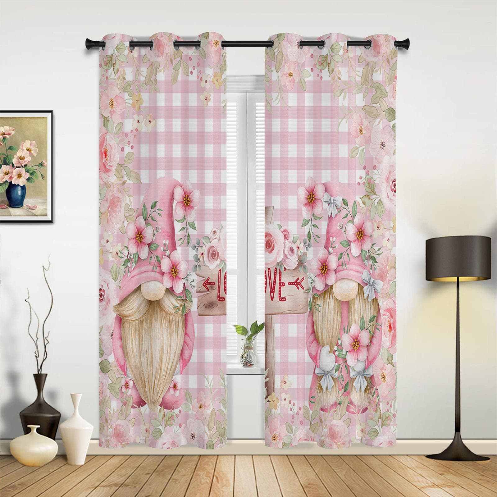 Valentine'S Day Gnome Floral Plaid Window Curtains for Living Room Bedroom Curtain Modern Kitchen Blinds Drapes Curtains 135W x 60H(cm) x1