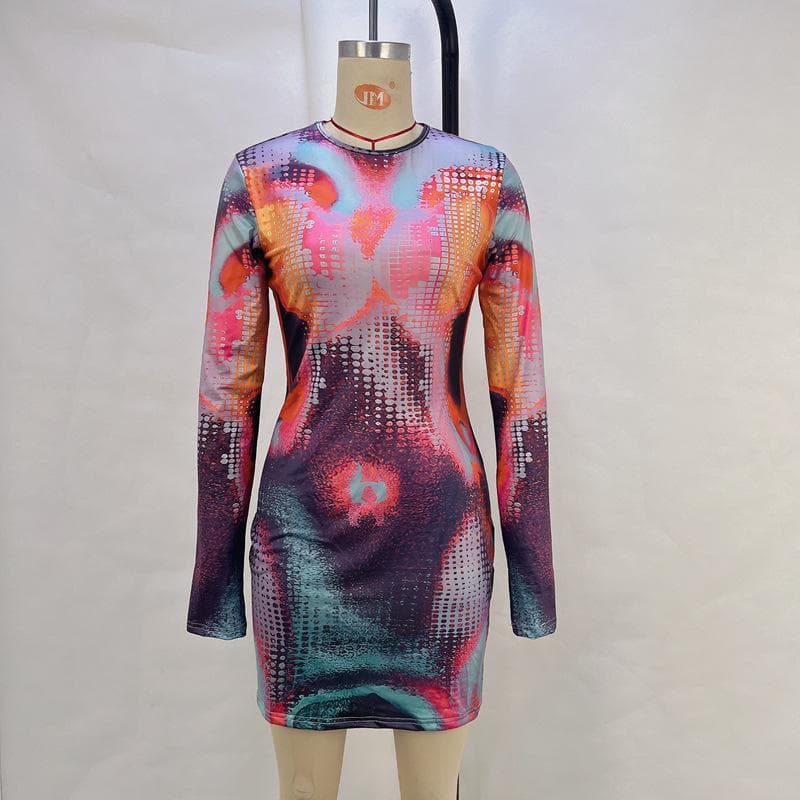 New Printed Round Neck Long Sleeve Hip Skirt Dress for Women In Autumn and Winter L red