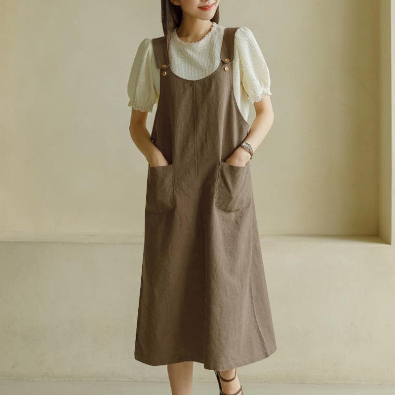 ZANZEA Women Casual U-Neck Sleeveless Pocket Loose A-Line Suspender Dress M brown
