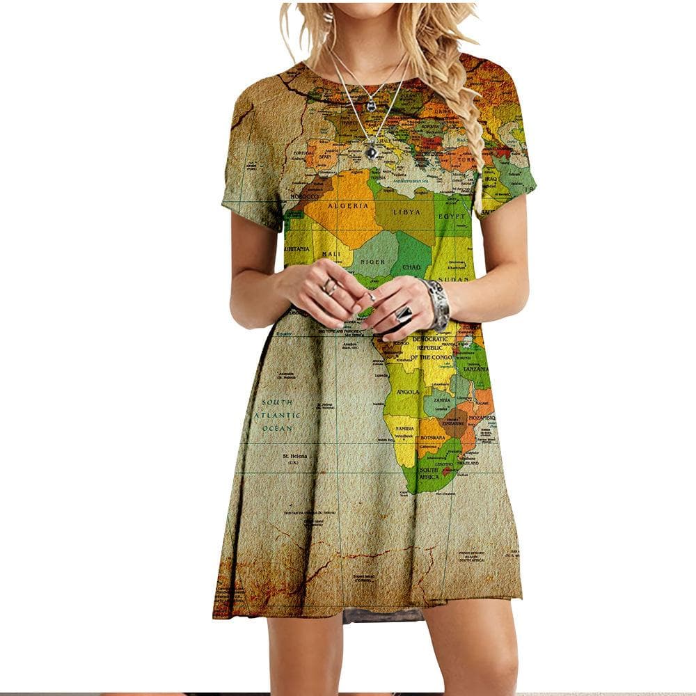 New Clothing For Summer Women World Map Dress Casual O-Neck Short Sleeve Loose Oversize Dress Fashion Ladies 3D Printed Dresses L