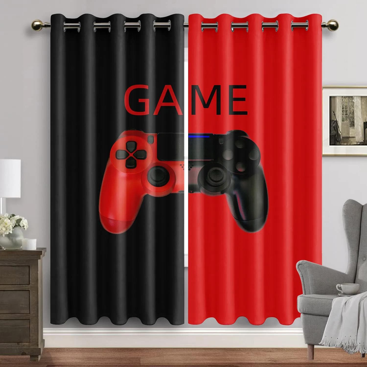 Cartoon Video Game Controller Playing Window Curtains for Bedroom Living Room Home Decor Luxury Valance Curtains for Kitchen 2x86W183H(CM)68x72in&Grommet Top