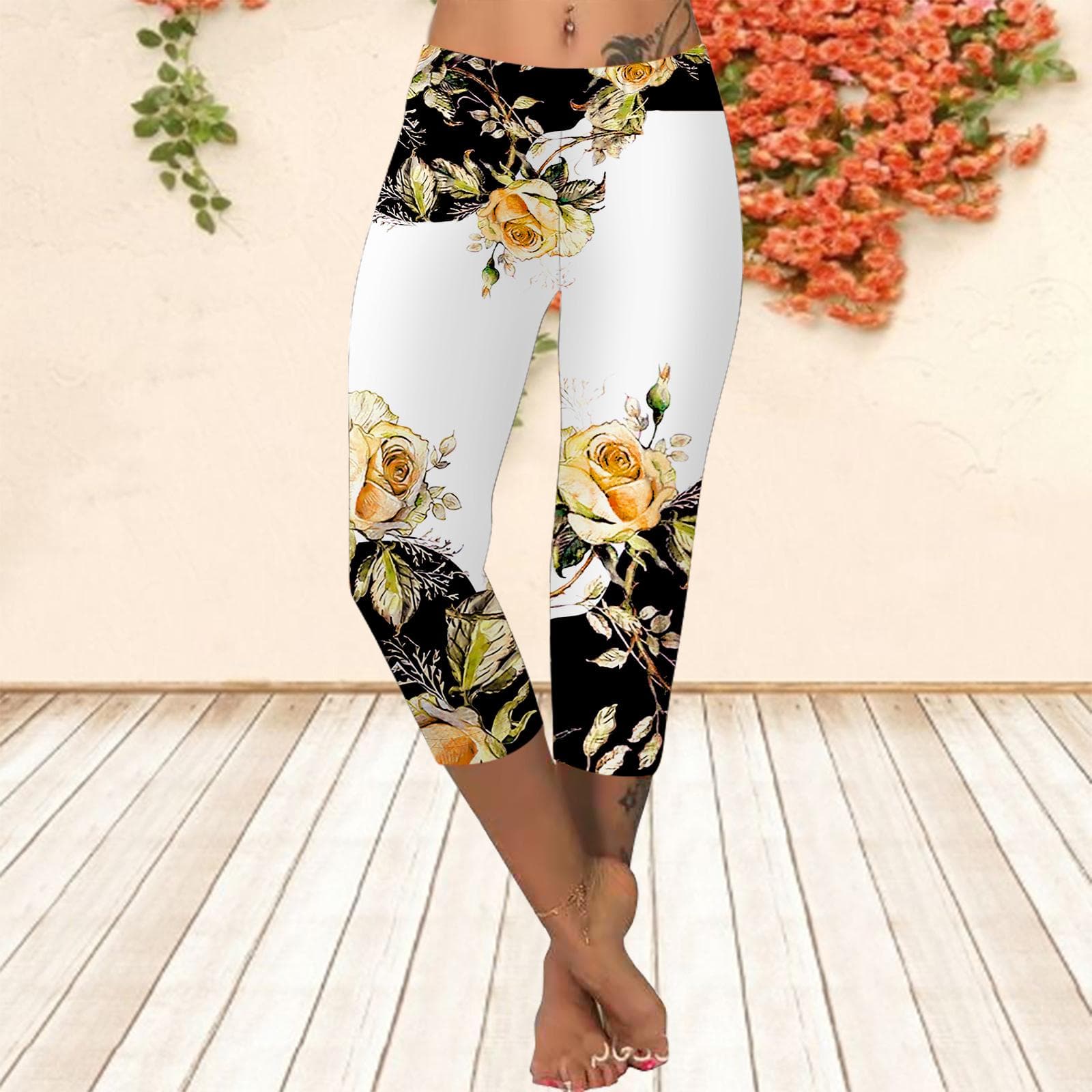 Long Pants, Summer Short Leggings, Short Tight Pants, Plus Size Leggins Women's Slim Fit 3D Gold Rose Printed Long Pants XL gold