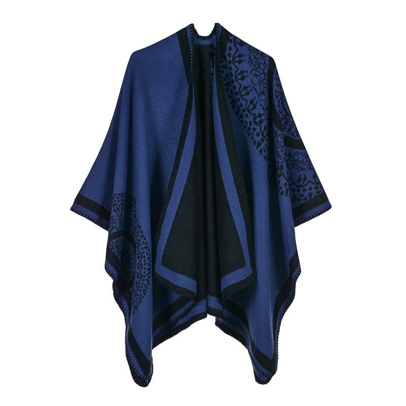 Ethnic Women Shawl Poncho Faux Cashmere Colorblock Tribal Jacquard Waterfall Drape Long Oversized blue