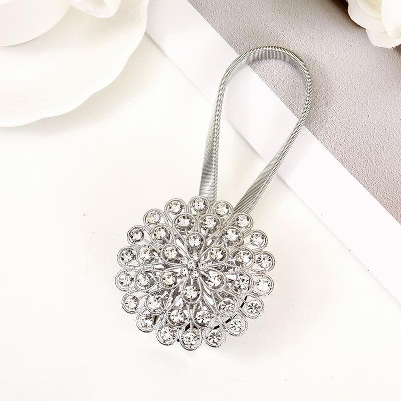 1pcs No-Drill Magnetic Curtain Brackets with Rhinestone Flower - Metal Window Hooks, Magnetic Closure Suitable for Blinds & Drapes for Home silver