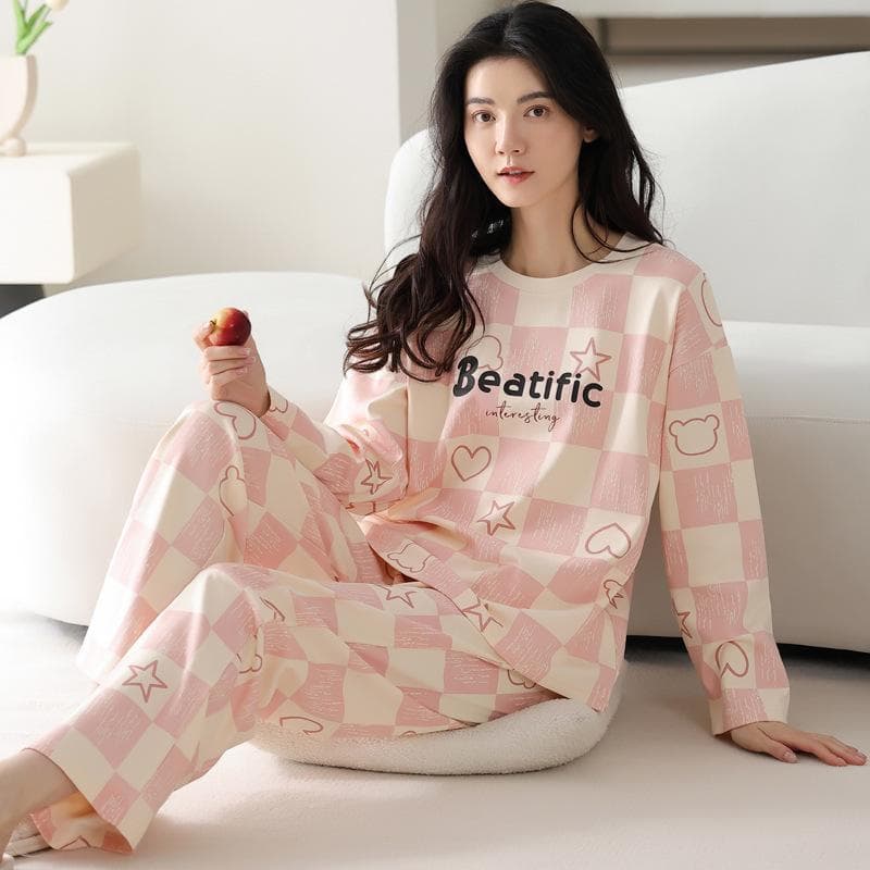 2Pcs/set Women's Pajamas Spring and Autumn Long-sleeved Trousers Cartoon Cute Can Be Worn Outside Leisure and Comfortable Studen L