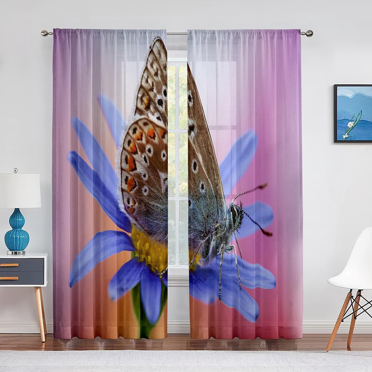 Blue Butterfly Purple Floral Dreamy Tulle Curtains for Living Room Sheer Voile Curtain Bedroom Decor Kitchen Window Treatments 1 PCS W100XH250cm&Grommet Top