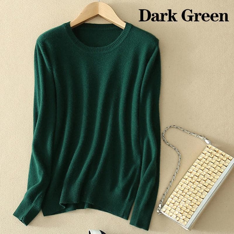 Women's Cozy Knitted Pullover Cashmere Sweater Crew Neck Fuzzy Slim Fit Red Black Wool M dark green