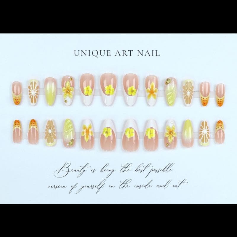 24pcs Press-On Acrylic Nails 3D Lemon Gradient Yellow & White Floral, Mini Steel Beads, French Fake Nail Tips, Summer Manicure Nail Art Supplies