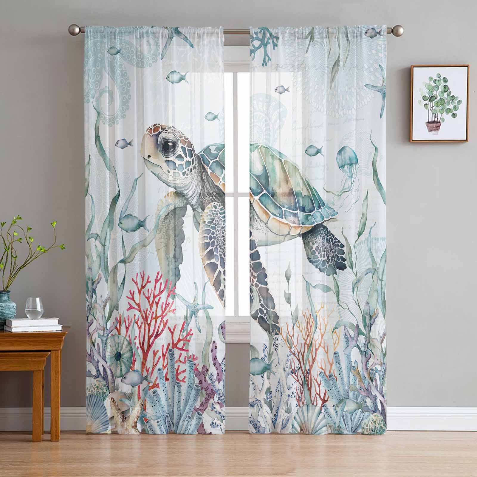 Summer Ocean Coral Sea Star Sea Turtle Tulle Window Curtains for Bedroom Luxury Home Decor Drapes in Living Room Chiffon Panels 135W x 114H(cm)